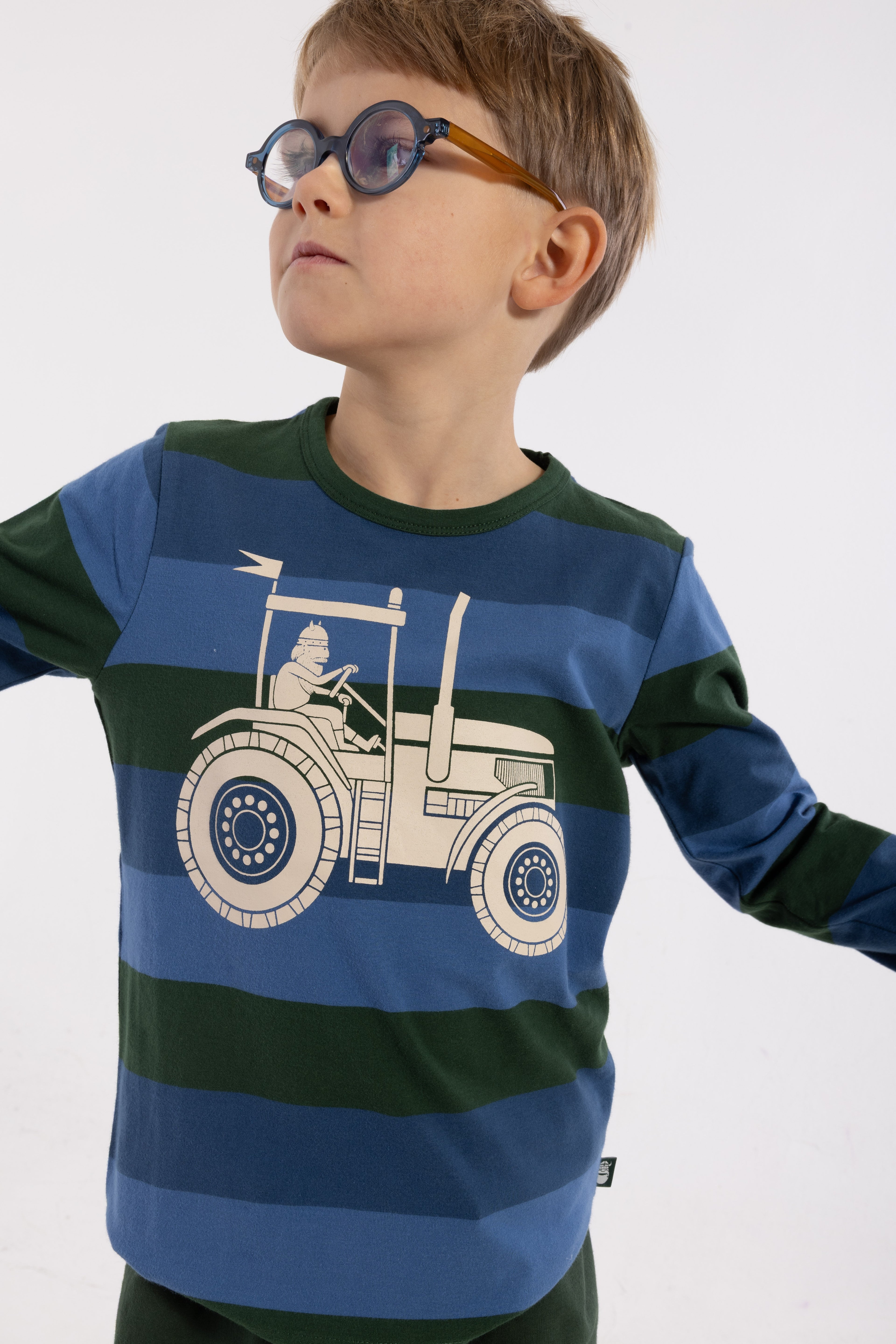Stribet bluse i bomuld til børn med print af viking på traktor