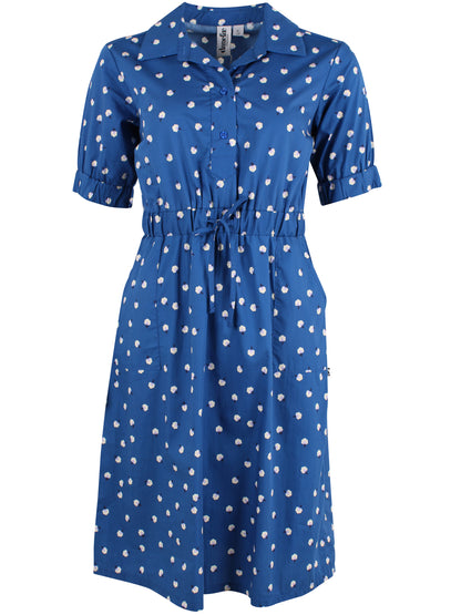 Fin skjortekjole i mørkeblå med blomsterinspireret mønster til kvinder