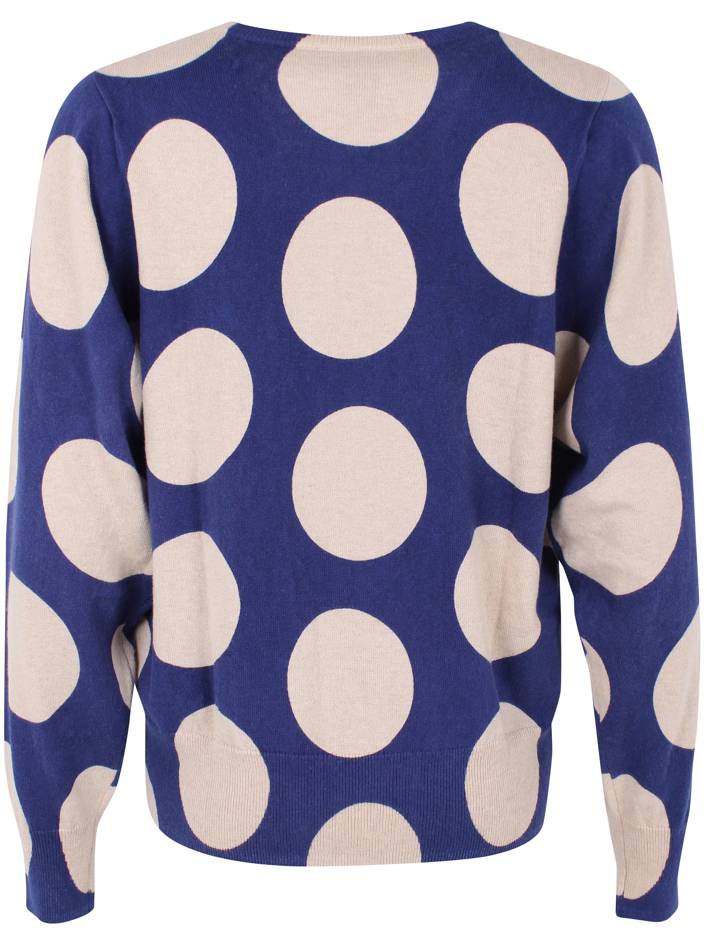 Lækker sweater i mørkeblå med store prikker i lys beige til kvinder