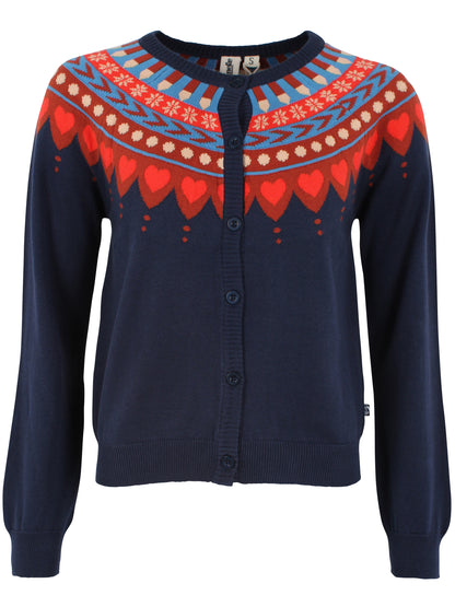 Fin navyblå cardigan med nordisk mønster til kvinder