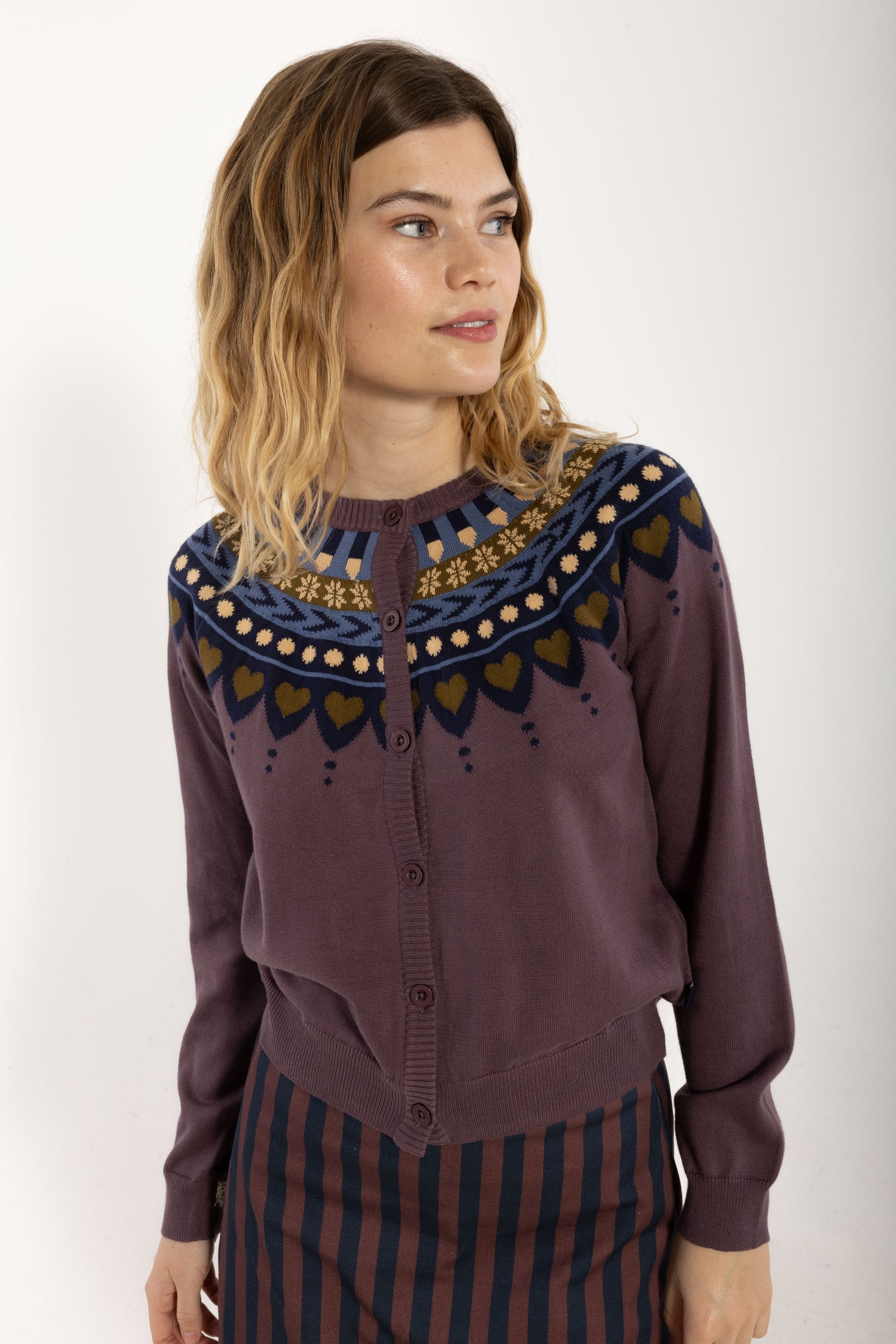Danesweetheart Cotton Cardigan Grey Plum JAQUARD
