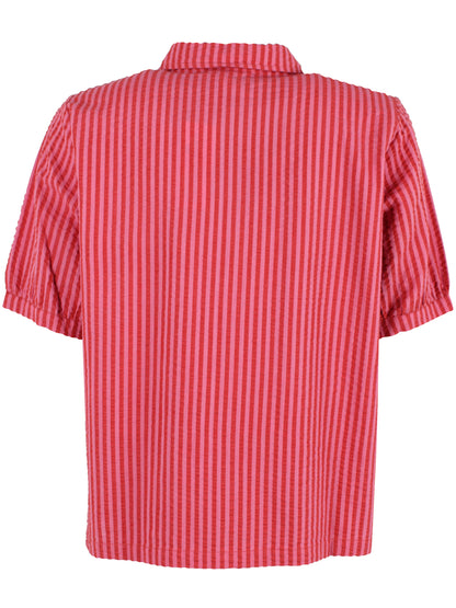 Sød kortærmet bæk og bølge skjorte med røde og lyserøde striber til kvinder