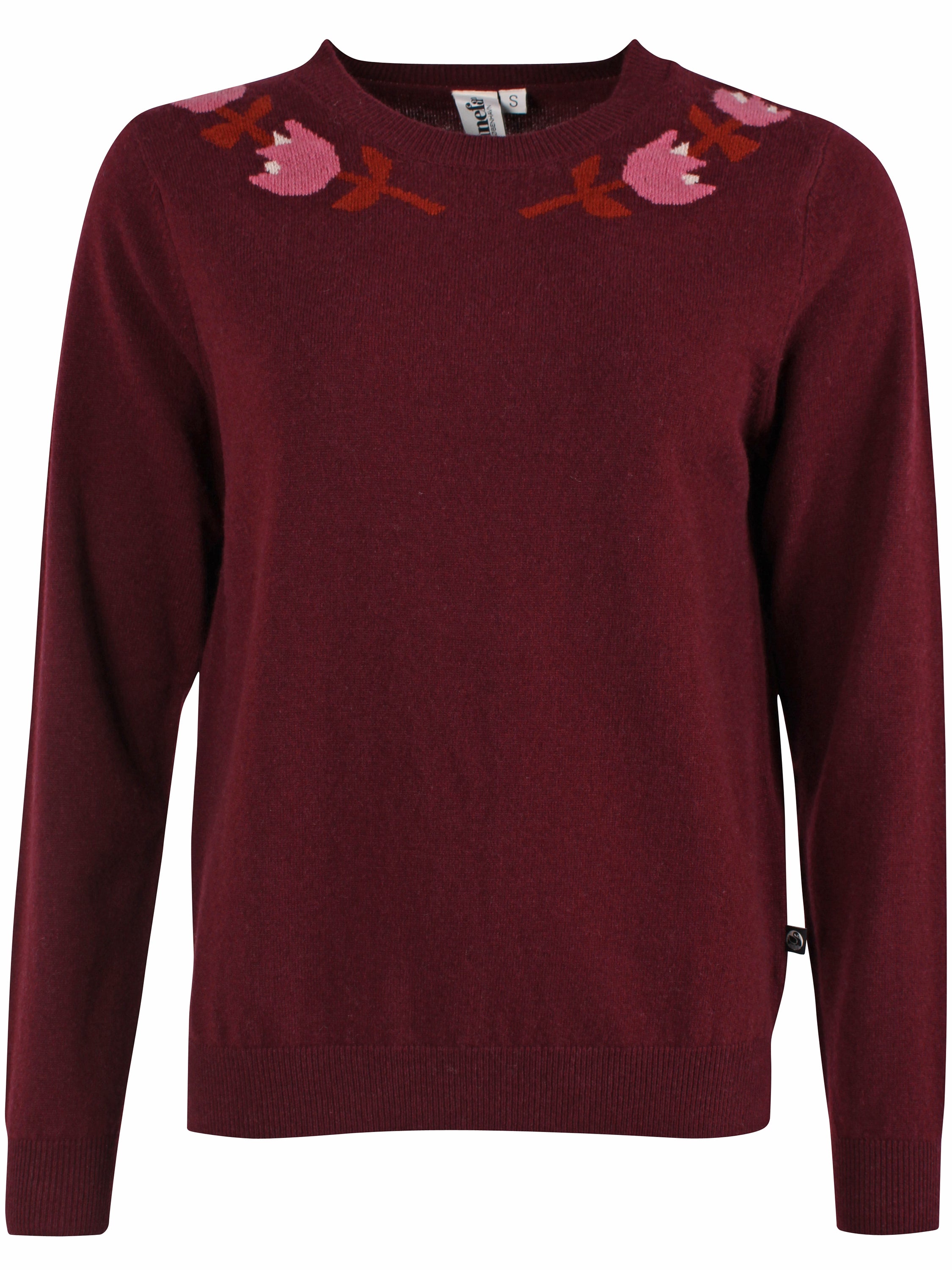 Sød vinrød sweater i 100% merinould med blomstermønster til kvinder