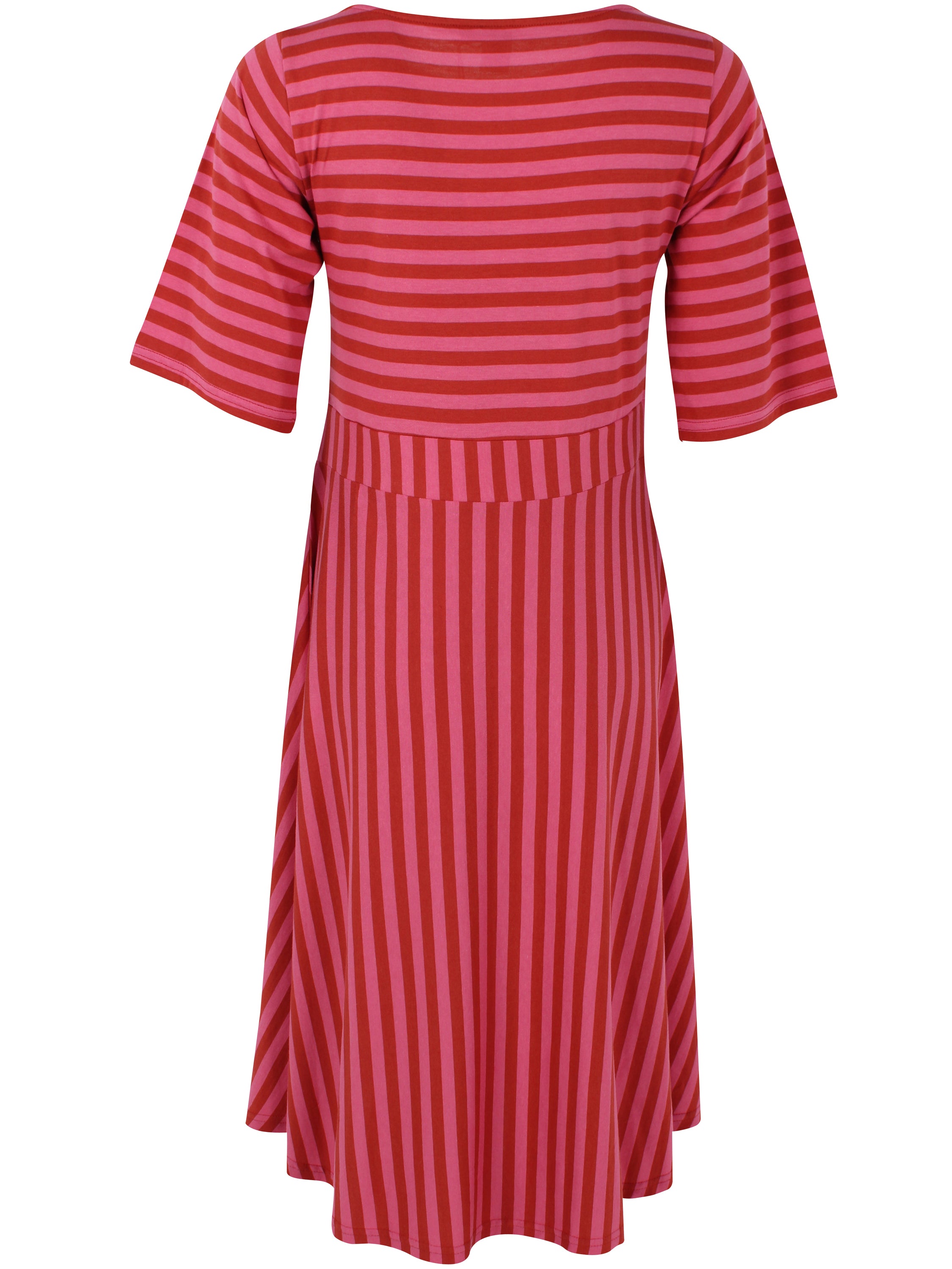 Sød kjole med striber i pink og brændt rød til kvinder