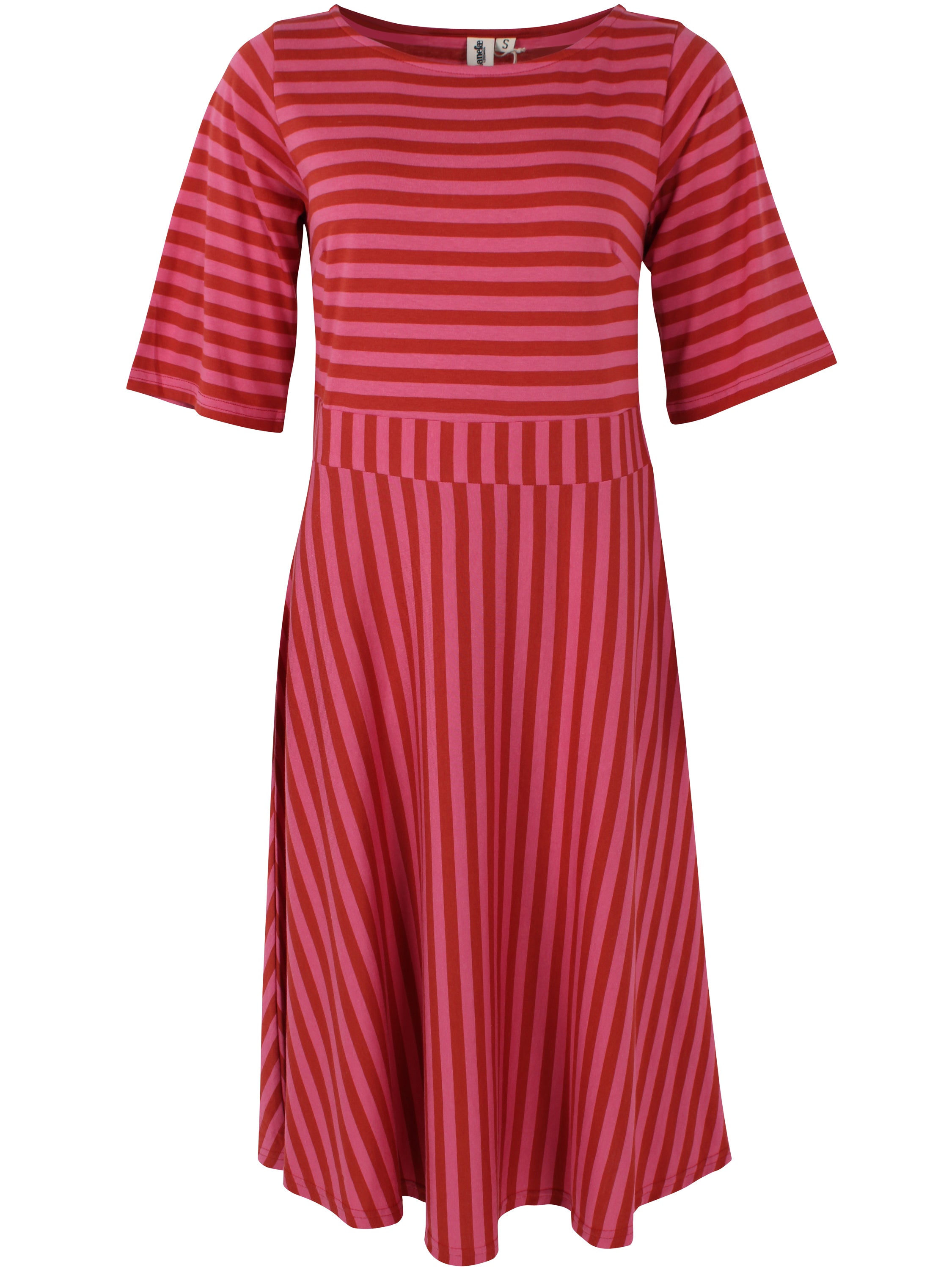 Sød kjole med striber i pink og brændt rød til kvinder