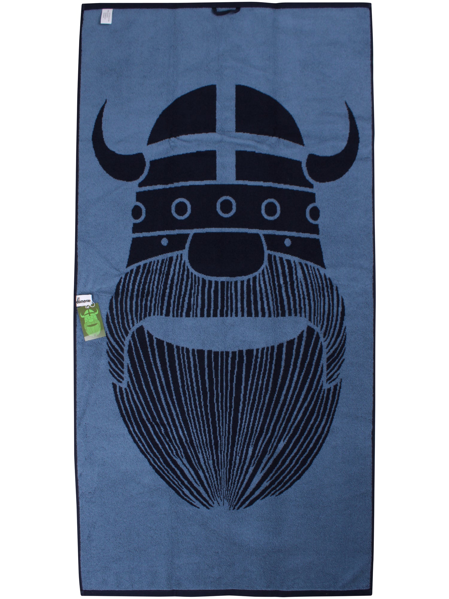 Lækkert badehåndklæde i blå nuancer med print af vikingen Erik