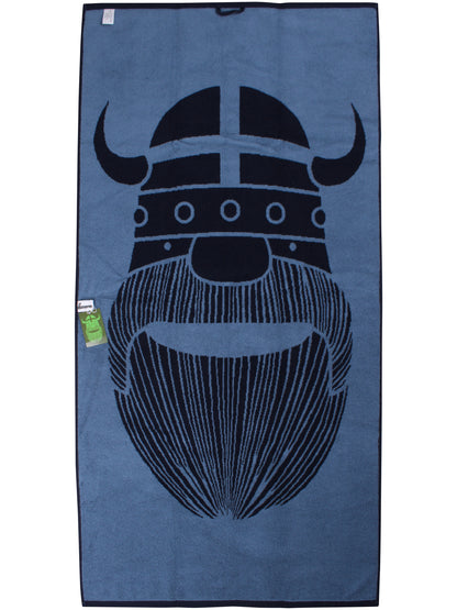 Lækkert badehåndklæde i blå nuancer med print af vikingen Erik