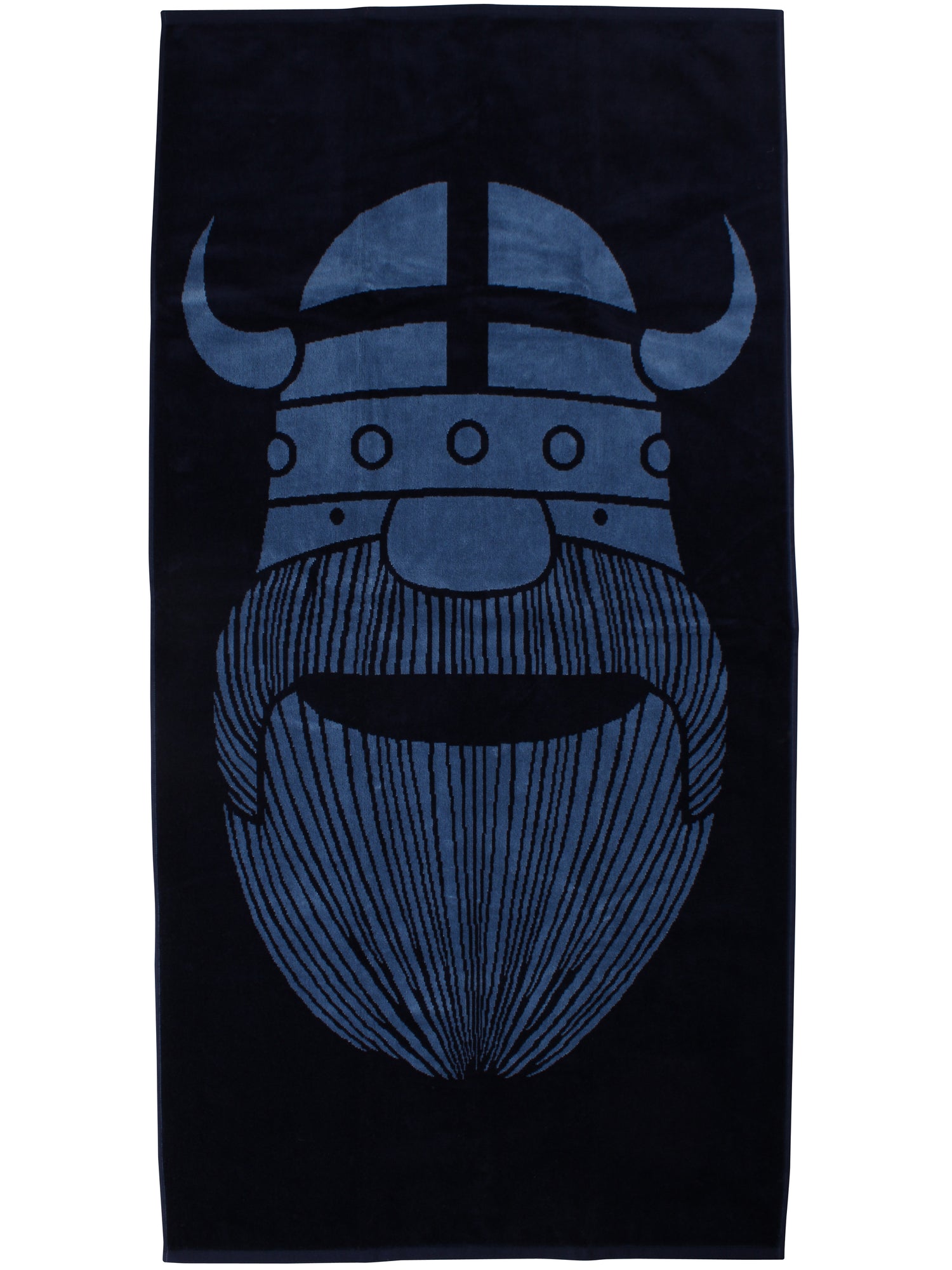 Lækkert badehåndklæde i blå nuancer med print af vikingen Erik