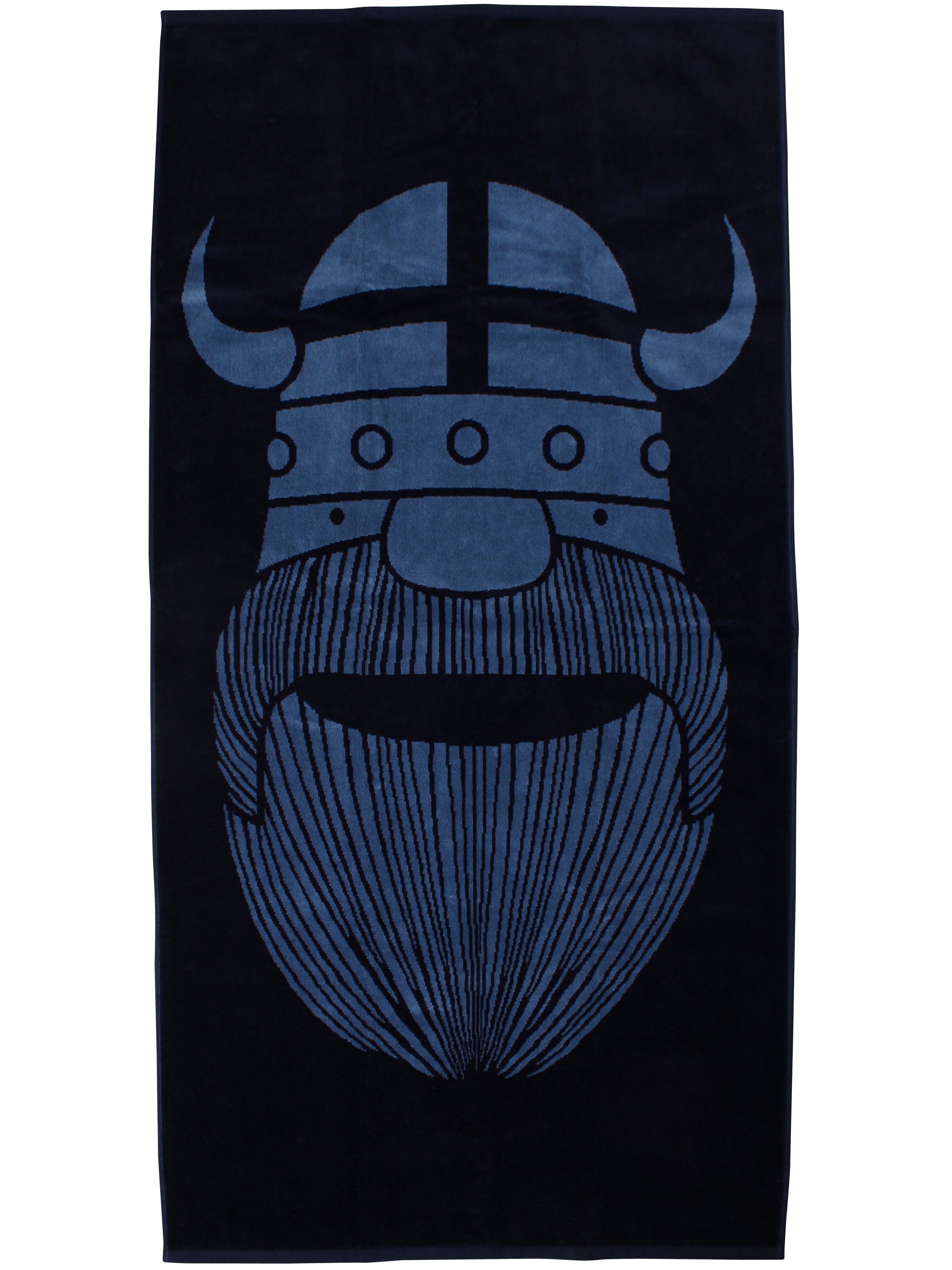 Lækkert badehåndklæde i blå nuancer med print af vikingen Erik