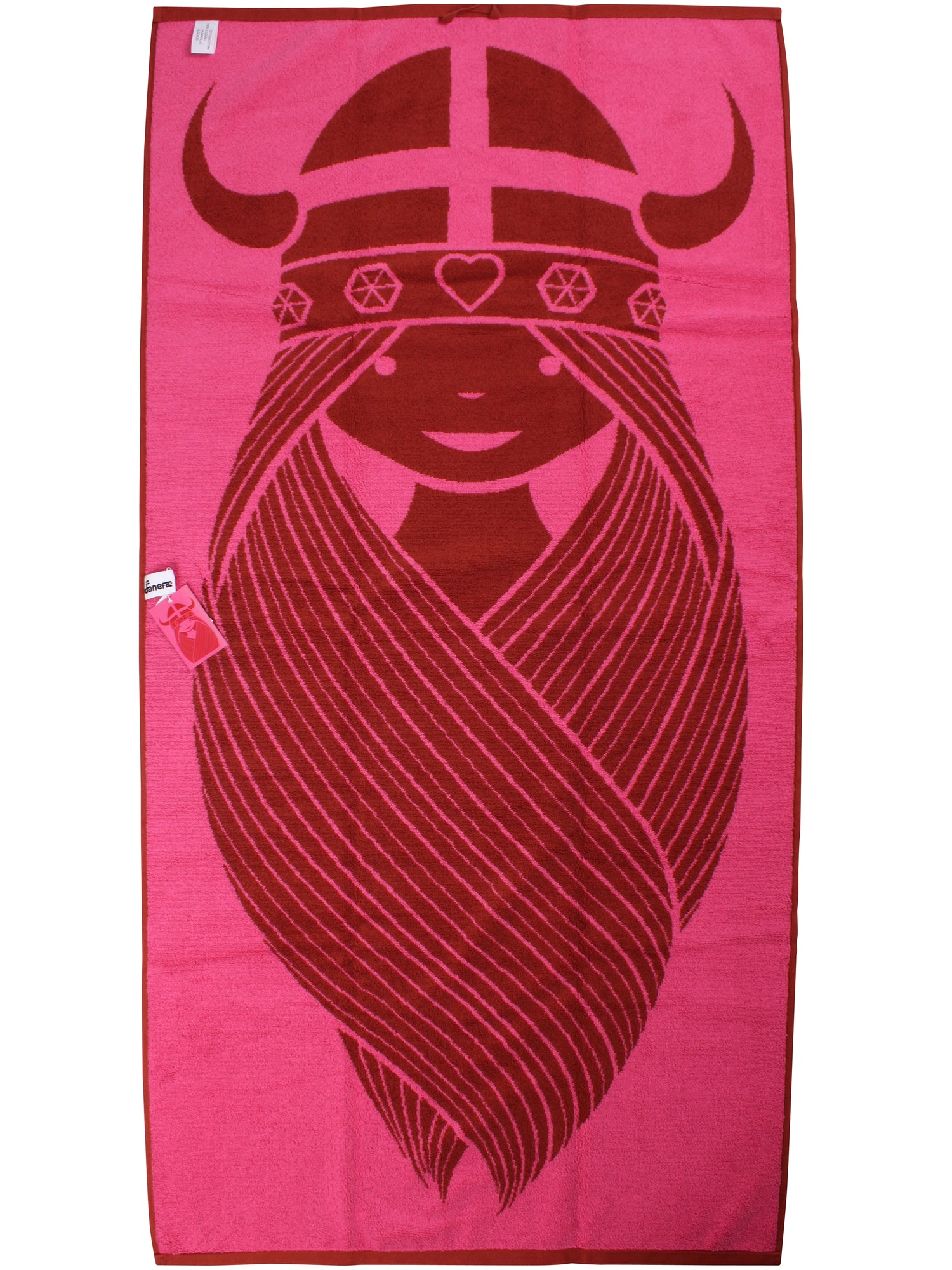 Lækkert badehåndklæde i rød og pink med print af vikingen Freja