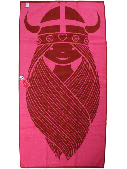 Lækkert badehåndklæde i rød og pink med print af vikingen Freja
