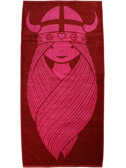 Lækkert badehåndklæde i rød og pink med print af vikingen Freja