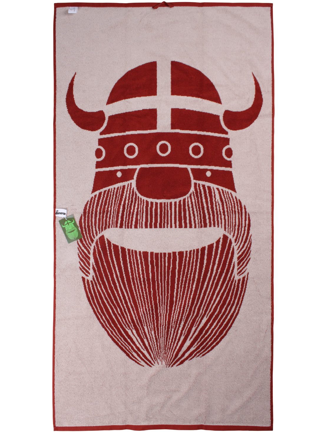 Lækkert badehåndklæde i rustrød og beige med print af vikingen Erik