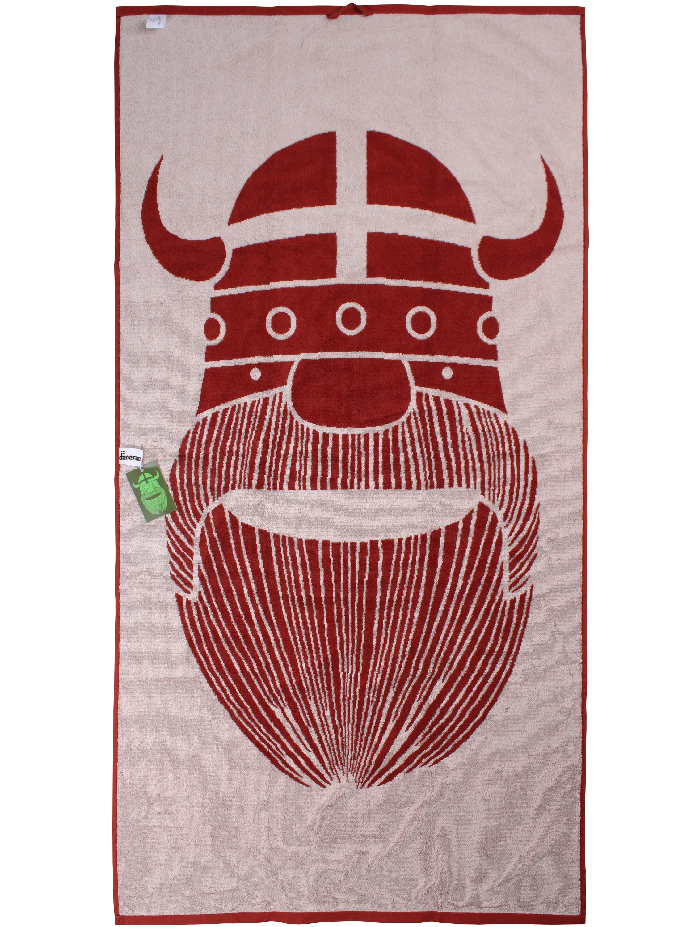 Lækkert badehåndklæde i rustrød og beige med print af vikingen Erik