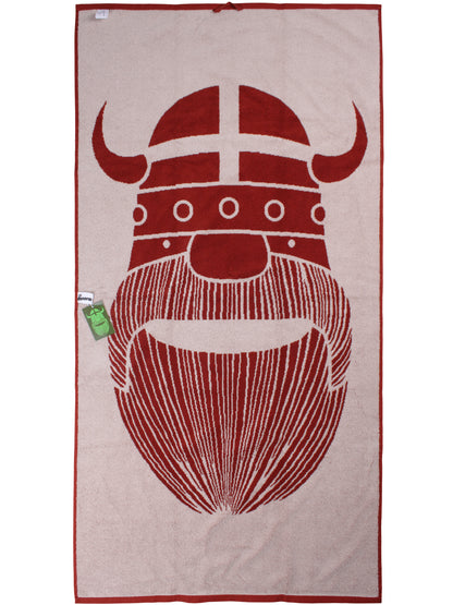Lækkert badehåndklæde i rustrød og beige med print af vikingen Erik