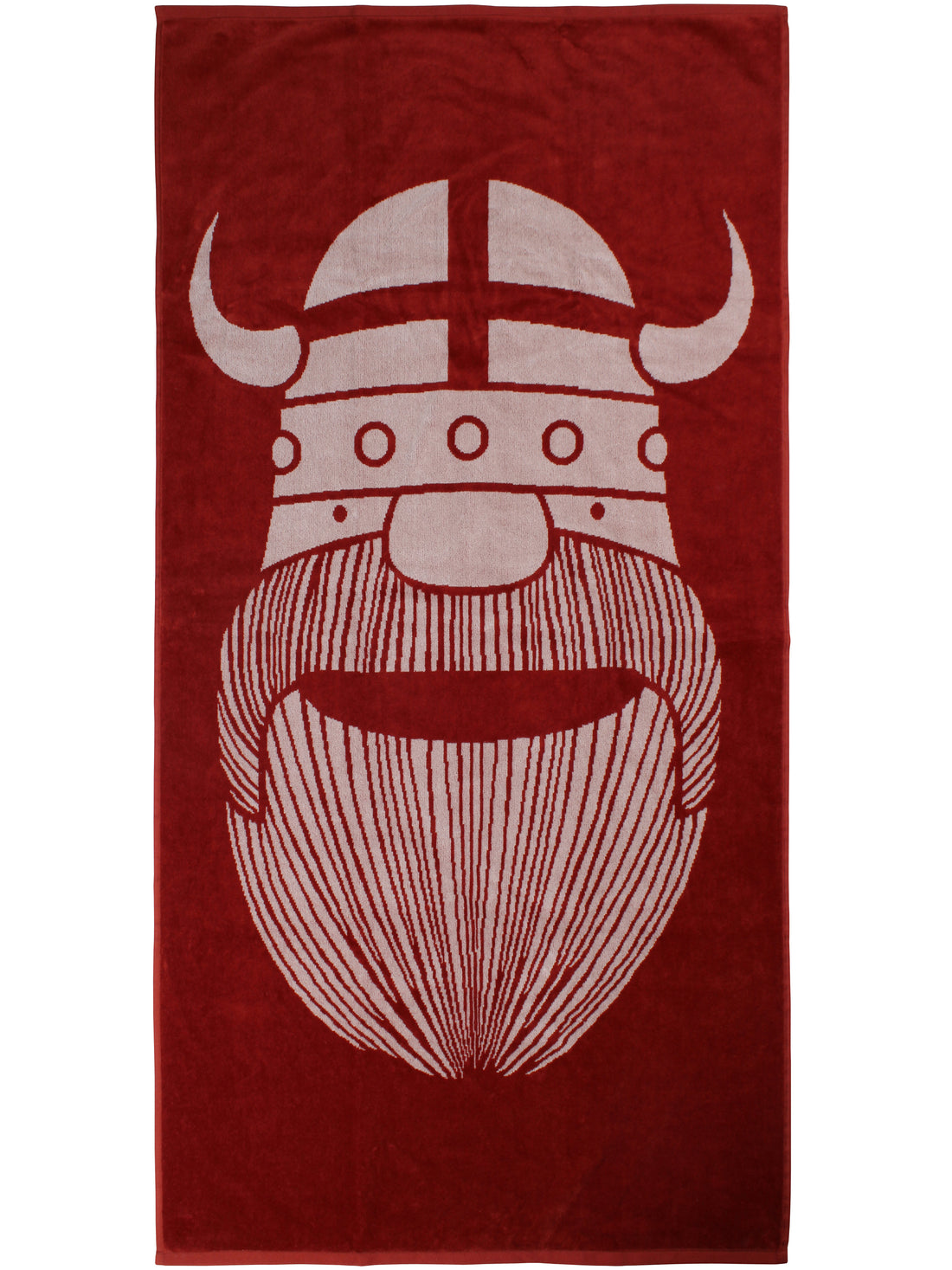 Lækkert badehåndklæde i rustrød og beige med print af vikingen Erik