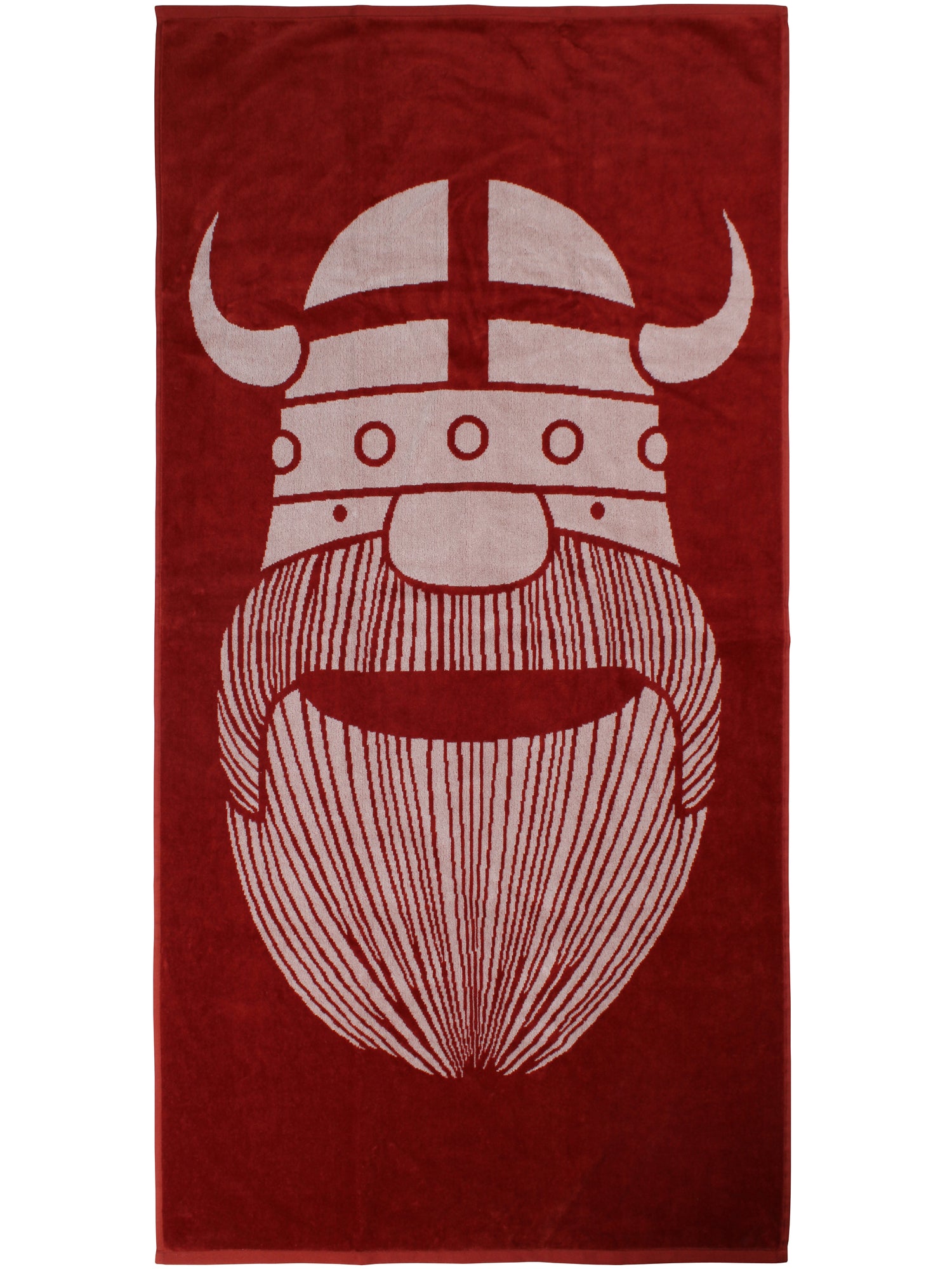 Lækkert badehåndklæde i rustrød og beige med print af vikingen Erik