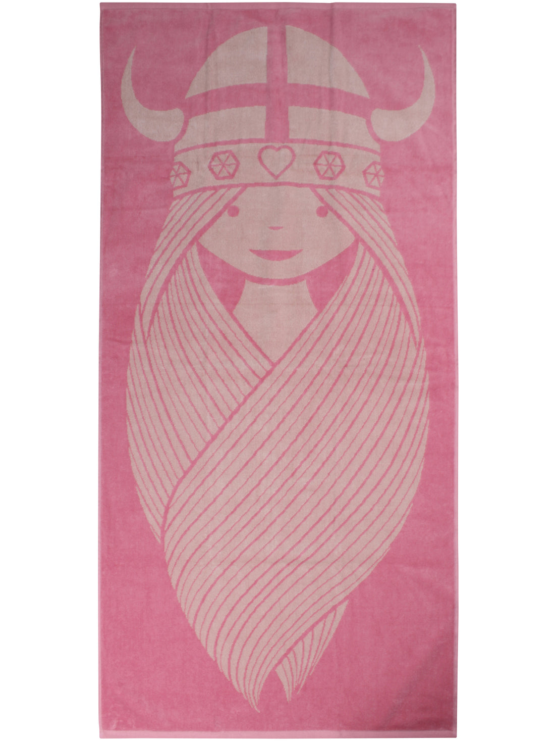 Lækkert badehåndklæde i lyserød og beige med print af vikingen Freja