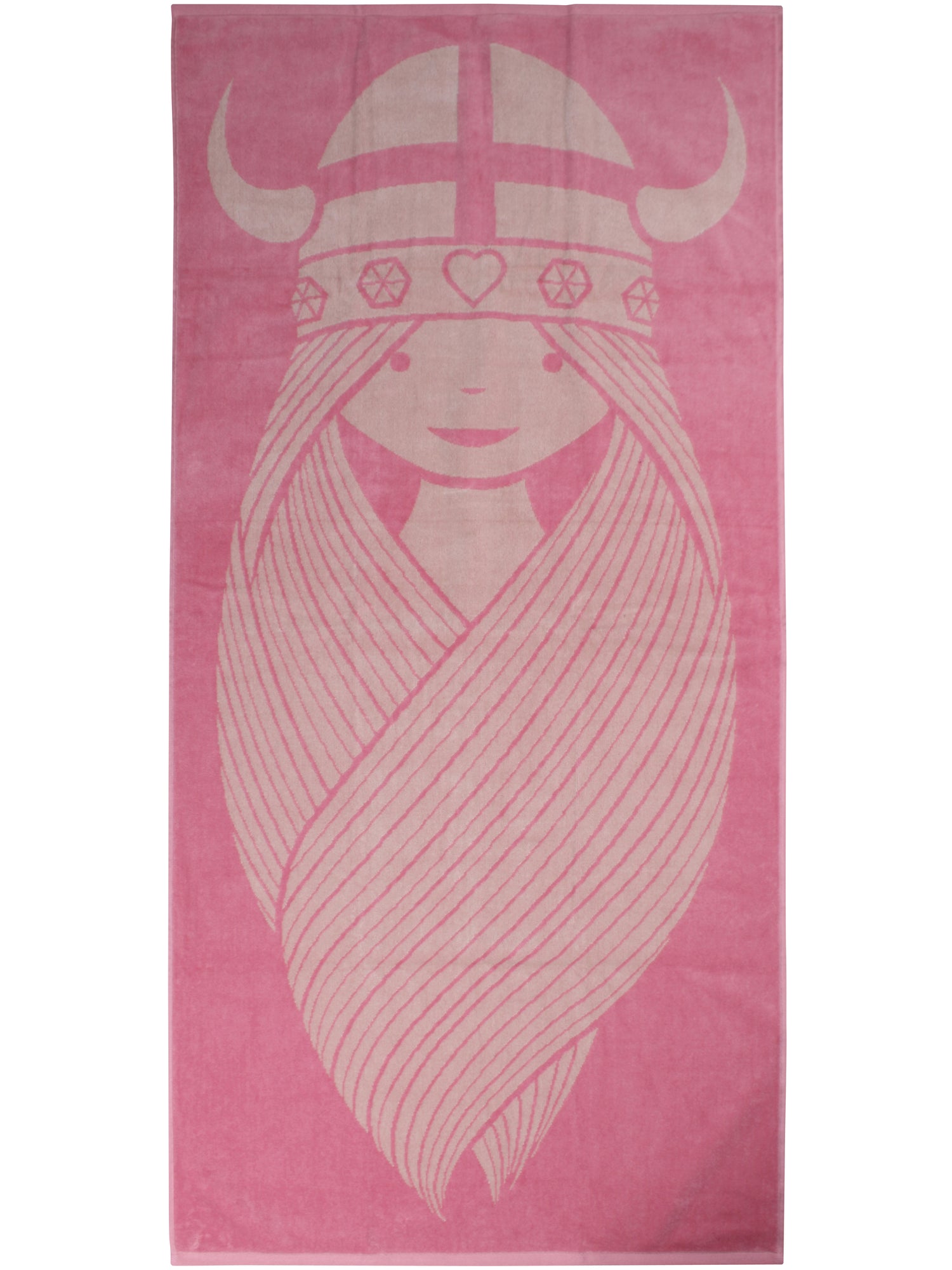 Lækkert badehåndklæde i lyserød og beige med print af vikingen Freja