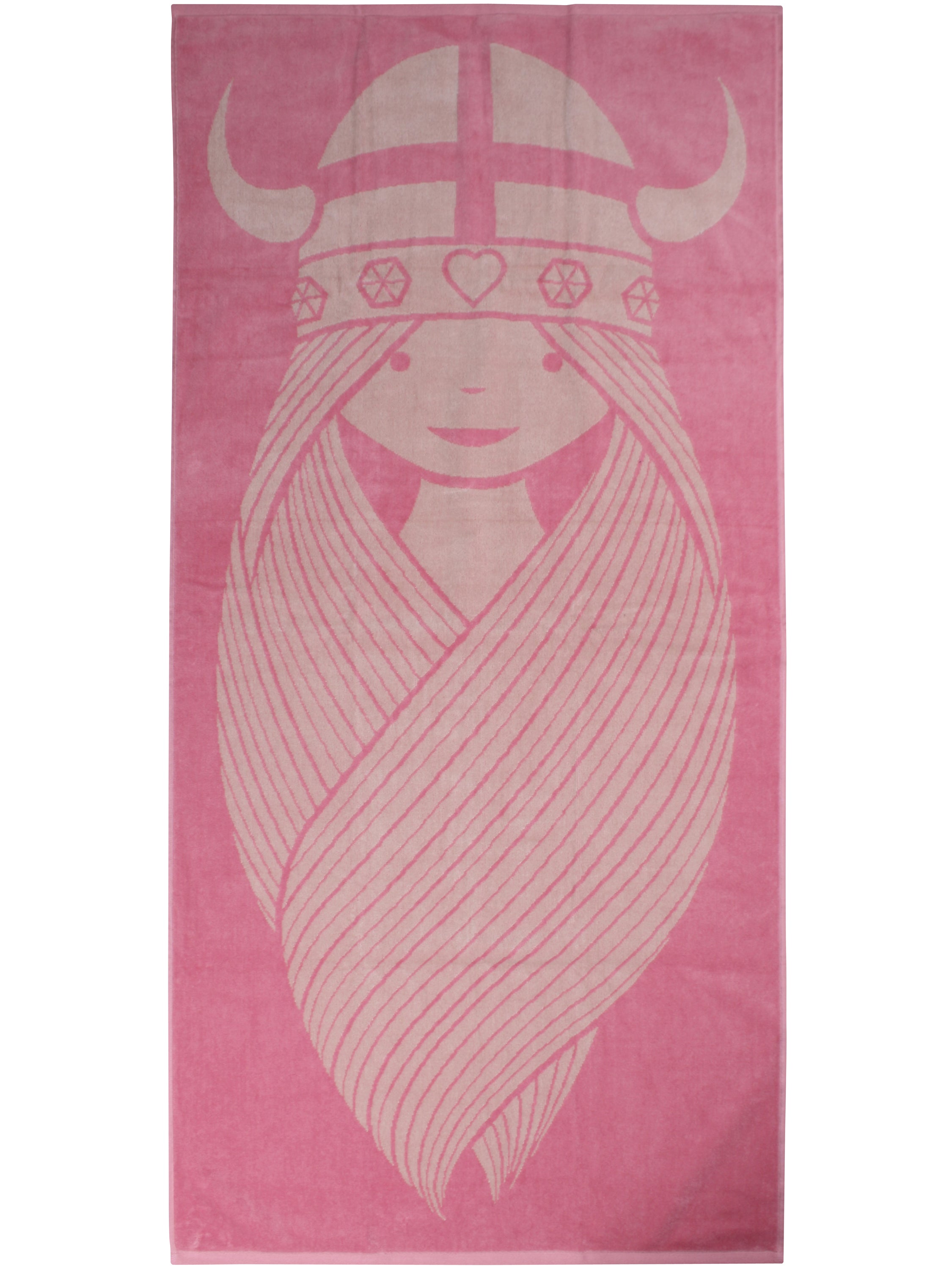 Lækkert badehåndklæde i lyserød og beige med print af vikingen Freja