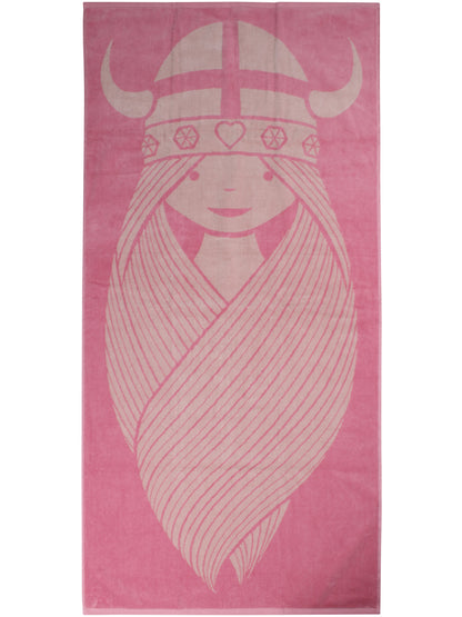Lækkert badehåndklæde i lyserød og beige med print af vikingen Freja