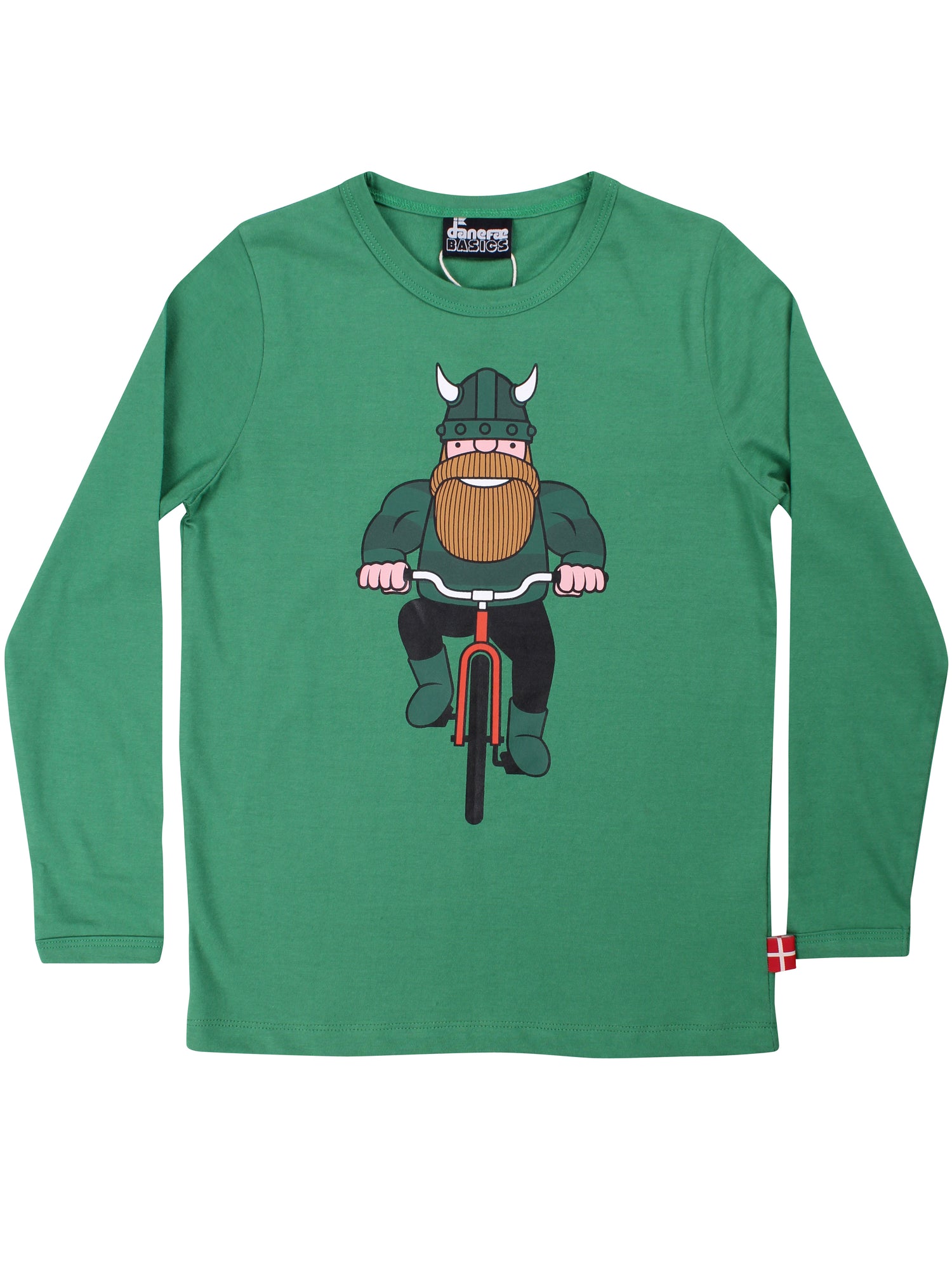 Langærmet grøn bluse til børn i bomuld med print af viking på cykel