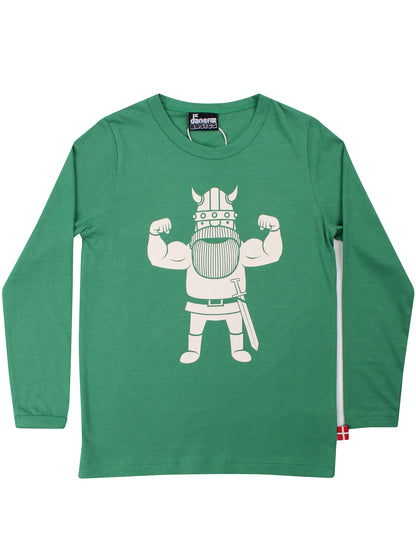Langærmet grøn bluse til børn i bomuld med print af stærk viking