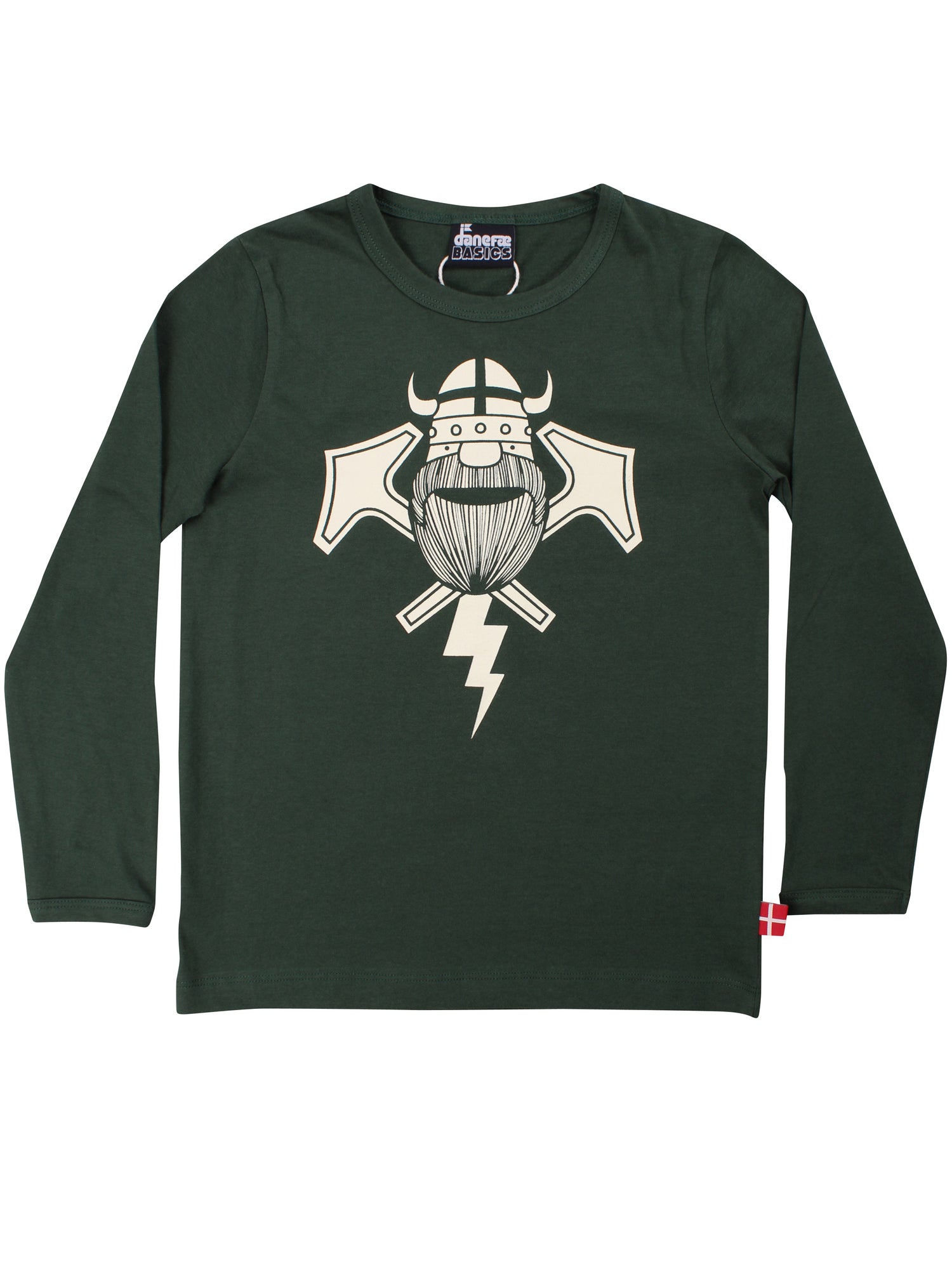 Langærmet mørkegrøn bluse i bomuld til børn med print af viking og lyn