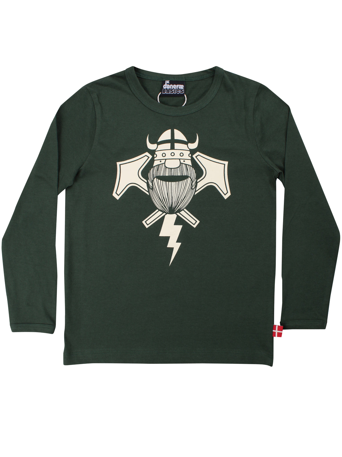 Langærmet mørkegrøn bluse i bomuld til børn med print af viking og lyn