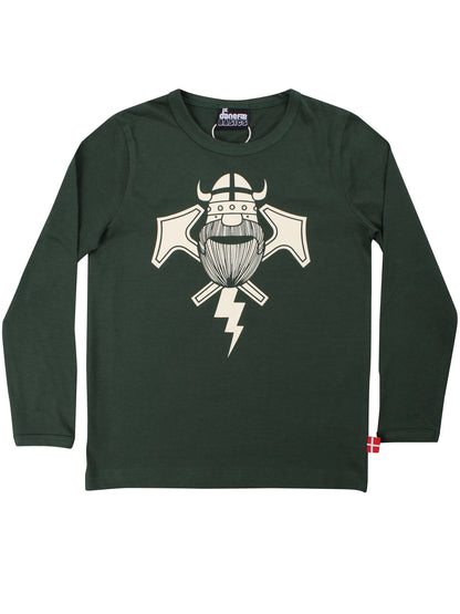 Langærmet mørkegrøn bluse i bomuld til børn med print af viking og lyn