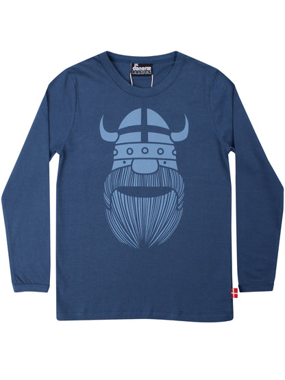 Langærmet gråblå bluse til børn i bomuld med print af viking
