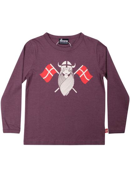 Langærmet bluse i bomuld til børn med print af vikingen Freja med flag