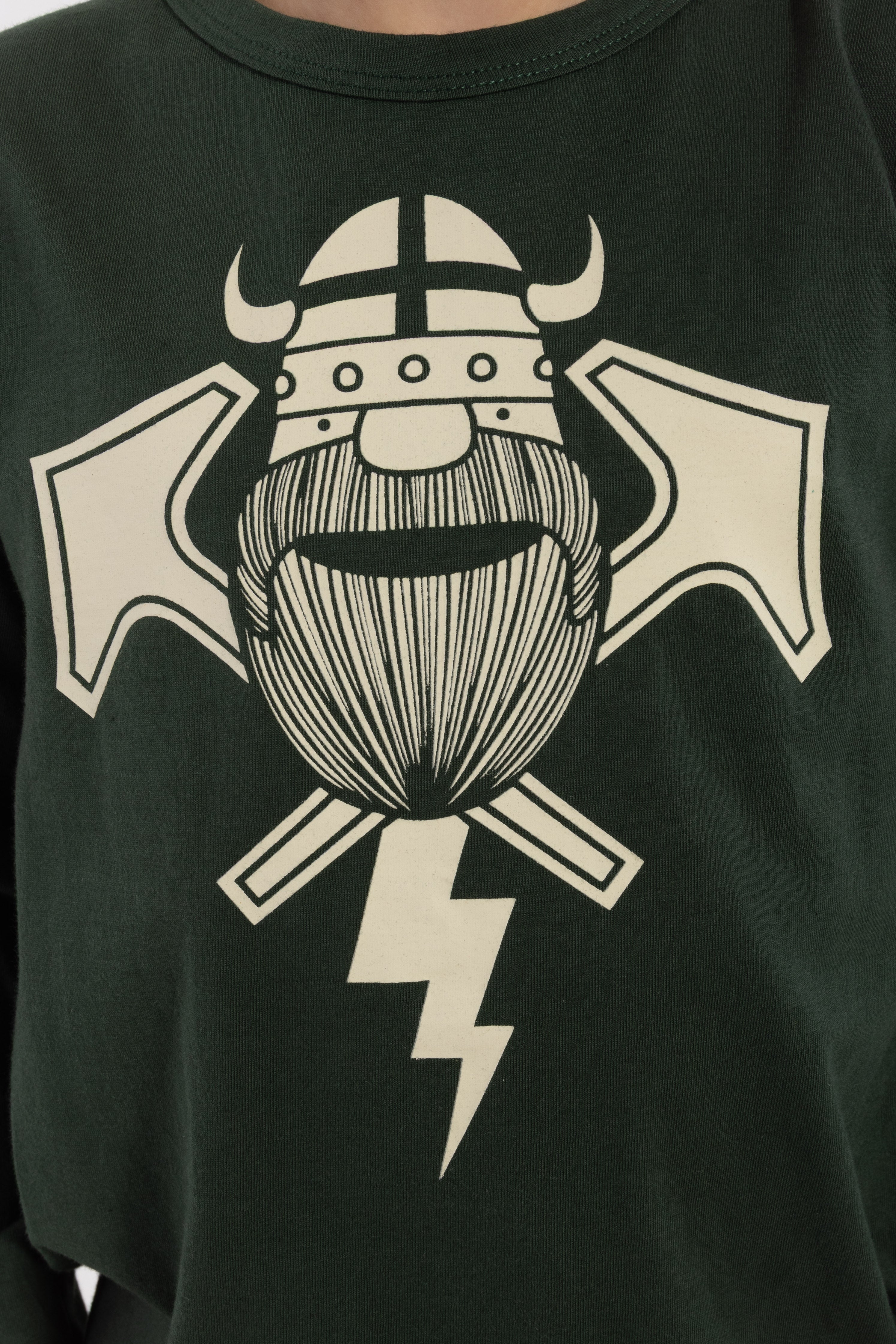 Langærmet mørkegrøn bluse i bomuld til børn med print af viking og lyn