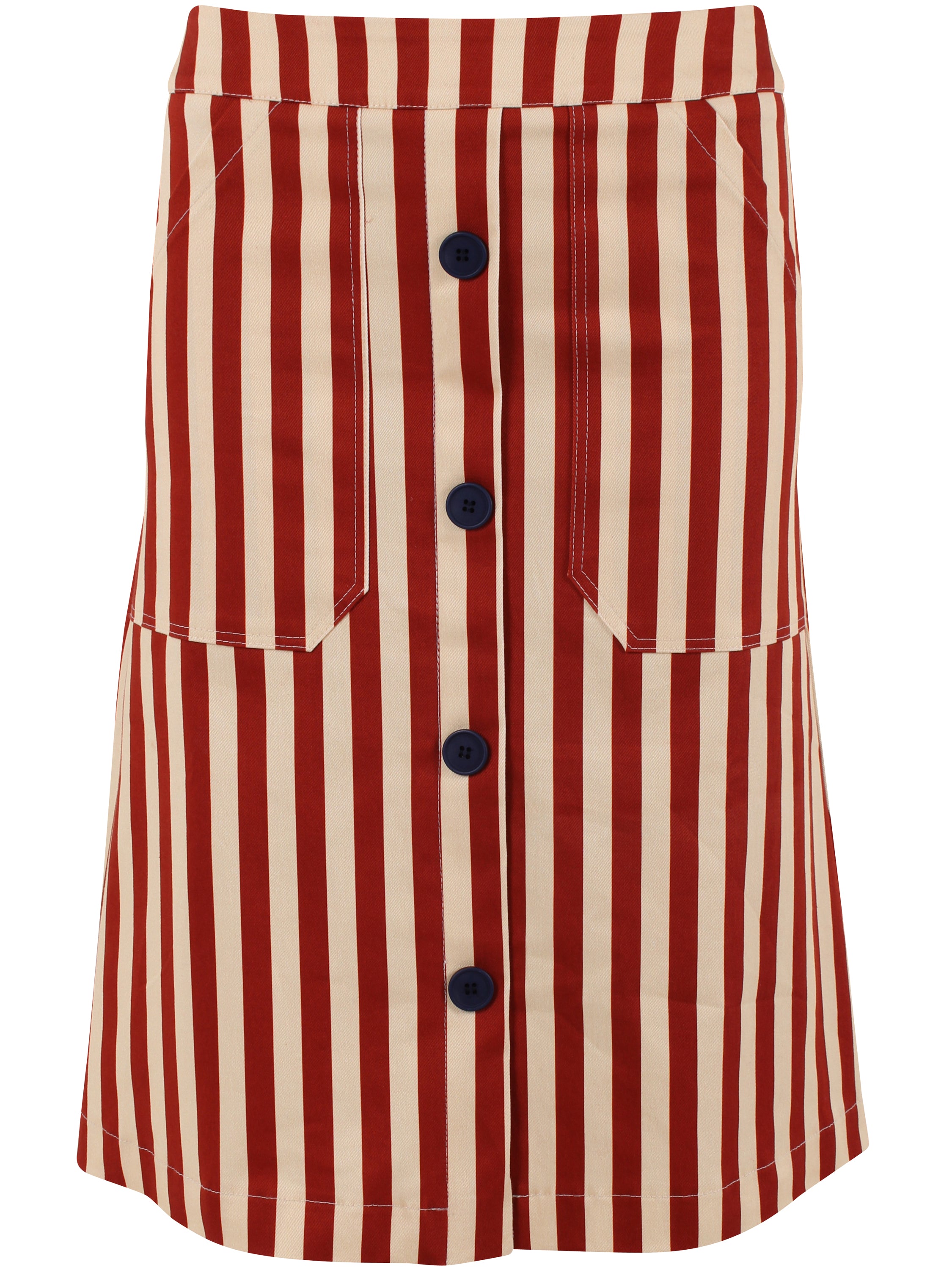 Sød nederdel i bomuldscanvas og med striber i rød og sandfarve til kvinder