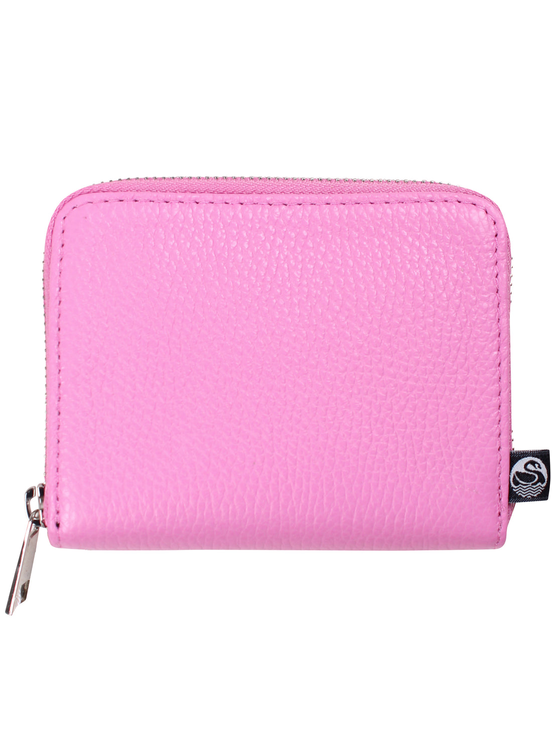 Lyserød læderpung med lynlås.