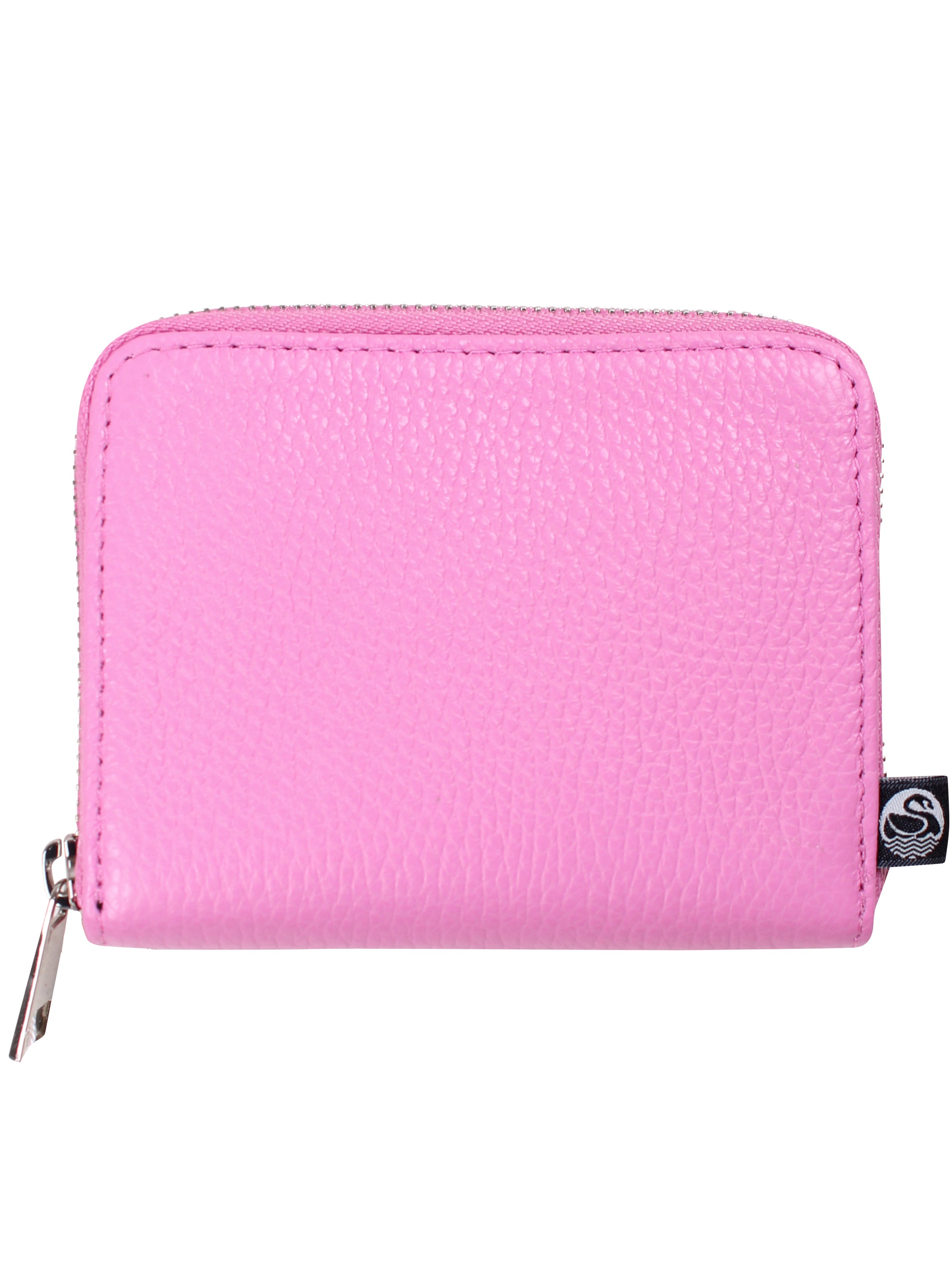 Lyserød læderpung med lynlås.