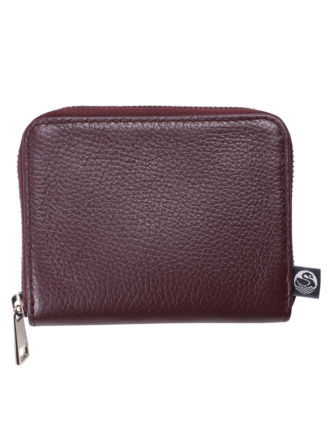 Vinrød læderpung med lynlås.