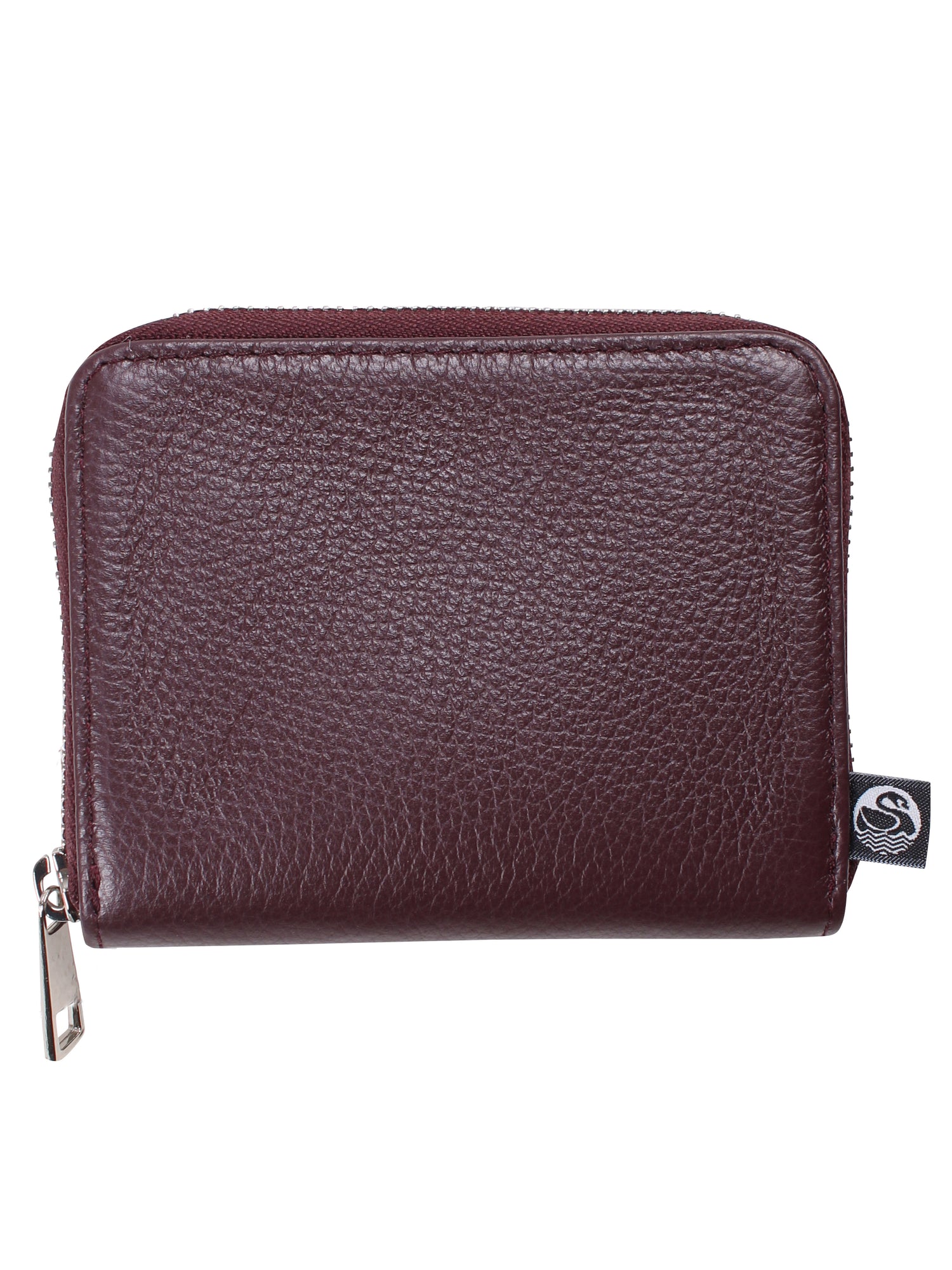 Vinrød læderpung med lynlås.