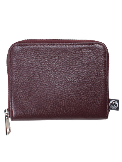 Vinrød læderpung med lynlås.