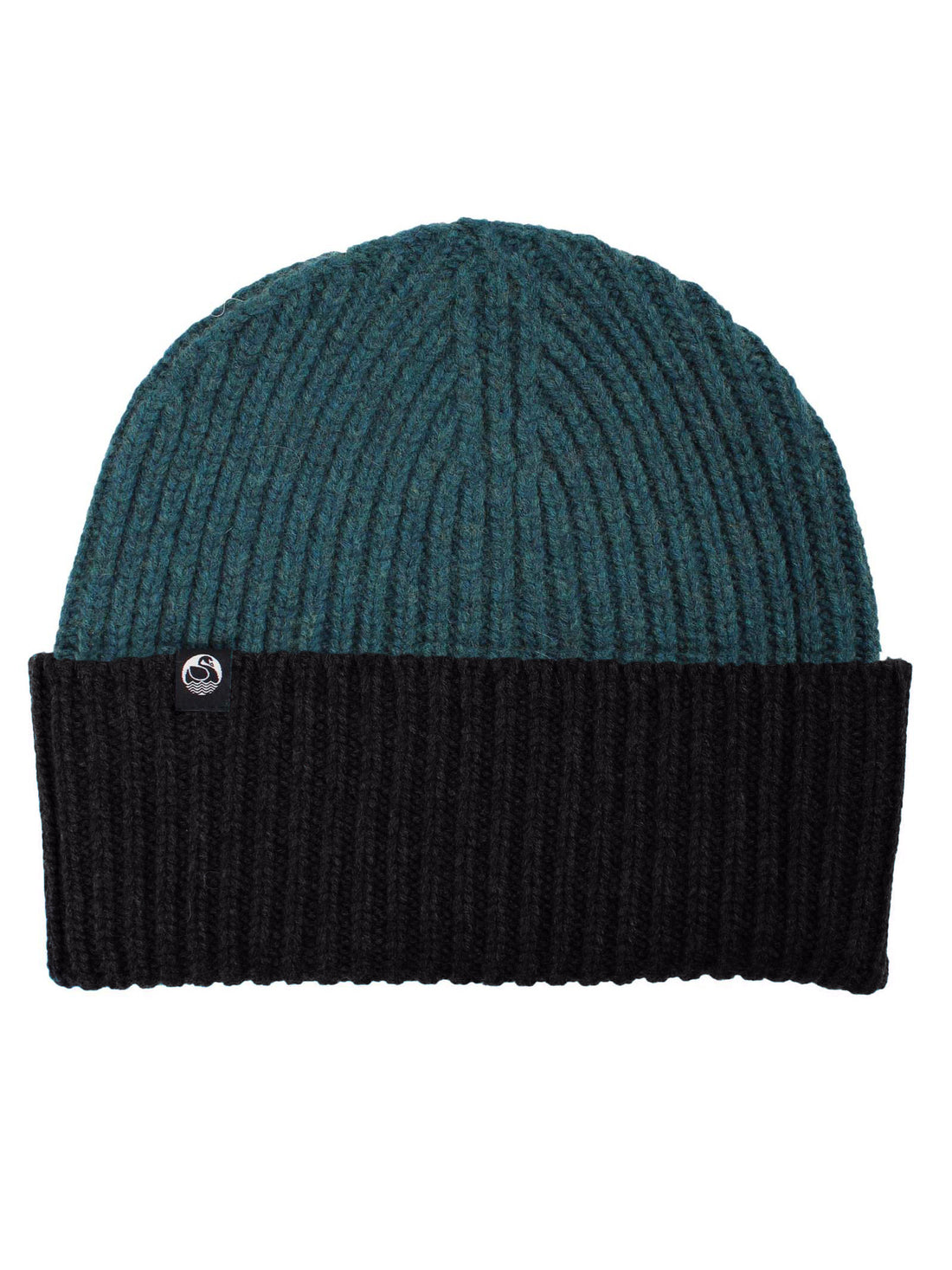 Fin blågrøn og sort hue i 100% merinould