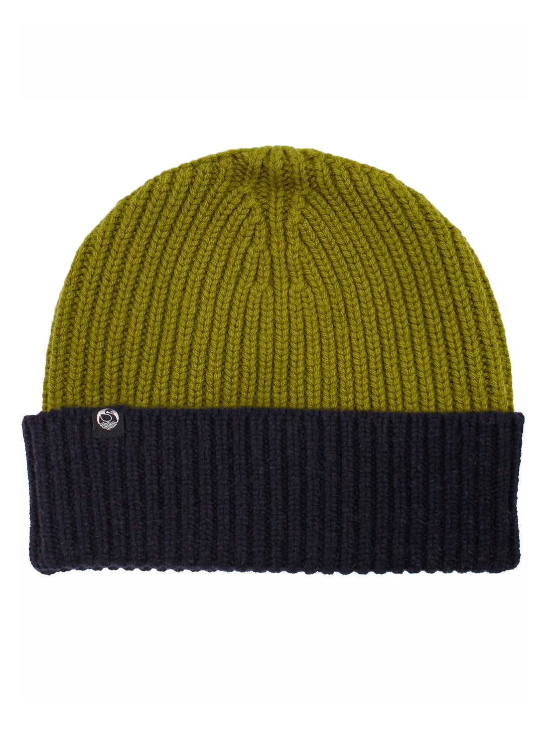 Fin olivengrøn og navyblå hue i 100% merinould