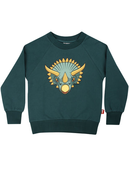 Skøn blågrøn sweatshirt til børn med print af triceratops