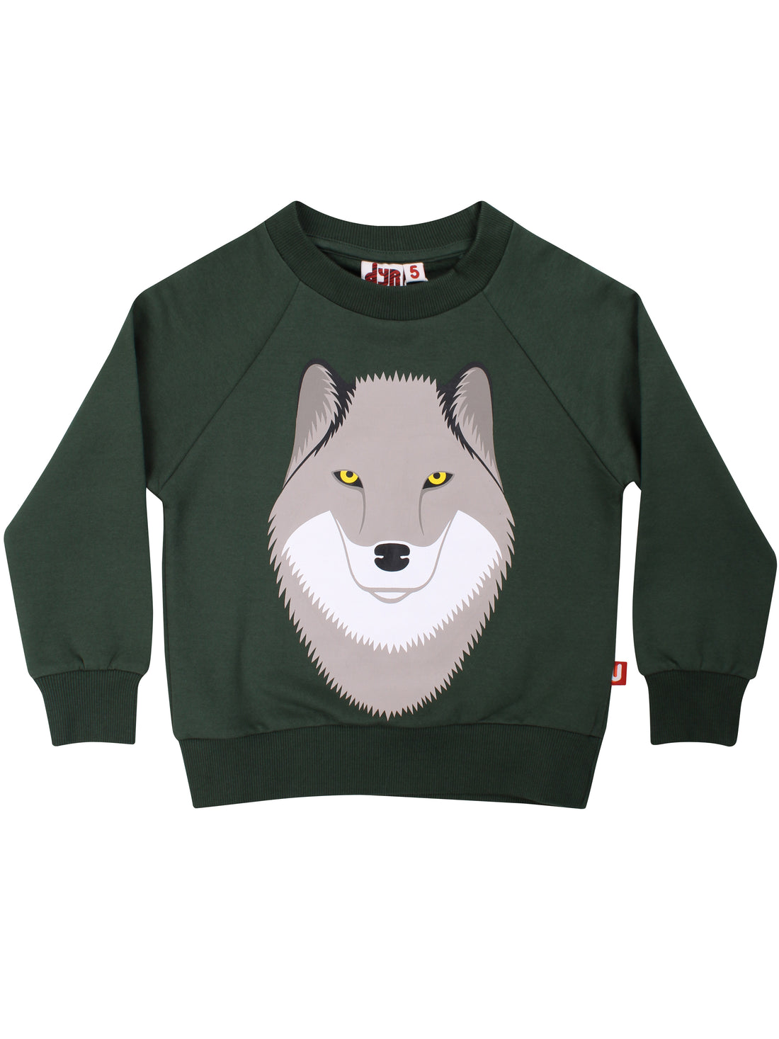 Skøn mørkegrøn sweatshirt til børn med sejt print af ulv