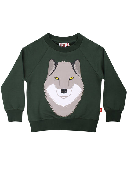 Skøn mørkegrøn sweatshirt til børn med sejt print af ulv