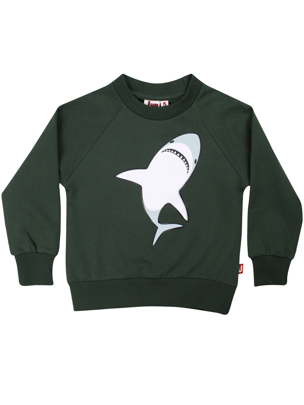 Skøn mørkegrøn sweatshirt til børn med sejt print af haj
