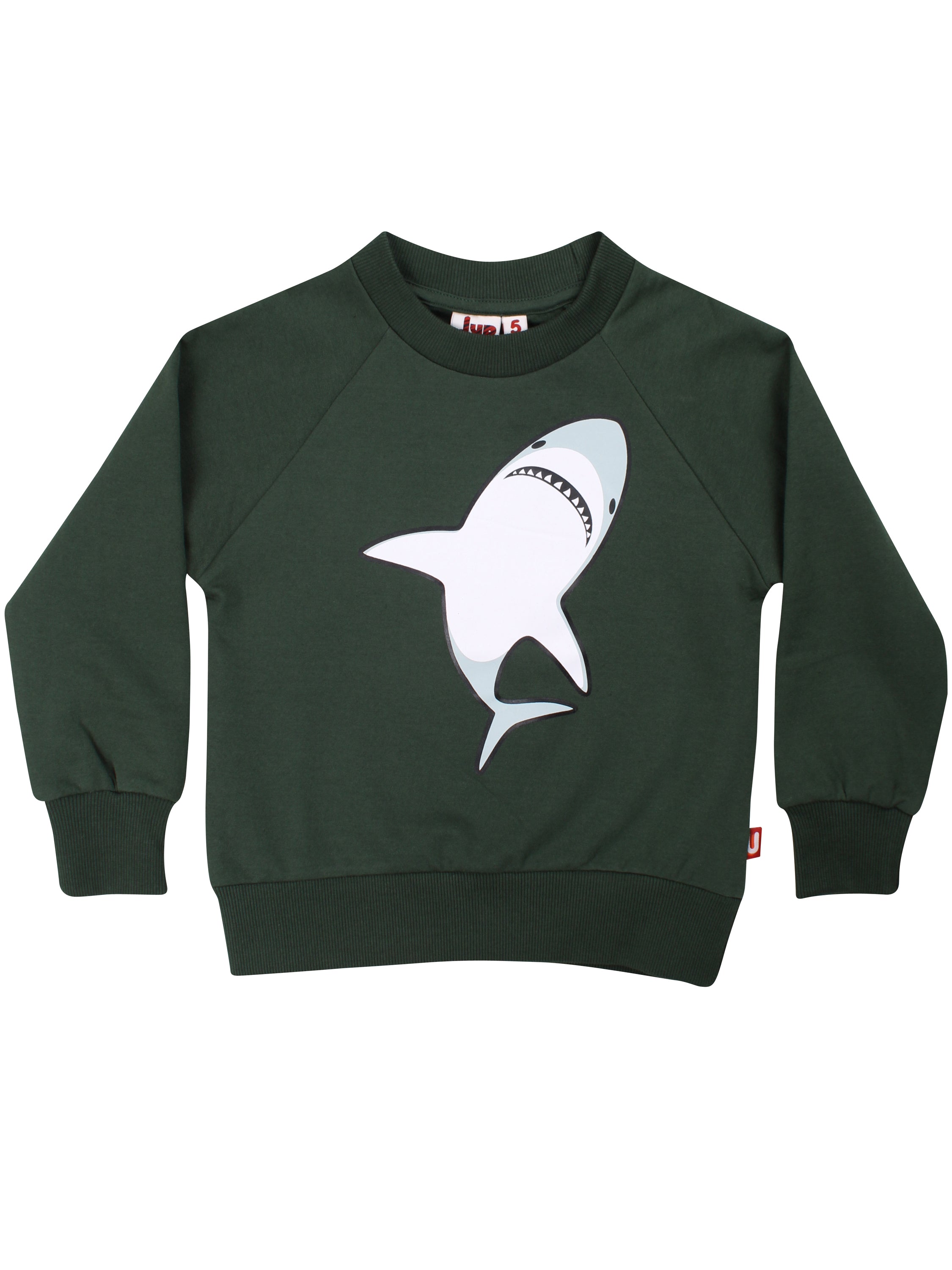 Skøn mørkegrøn sweatshirt til børn med sejt print af haj