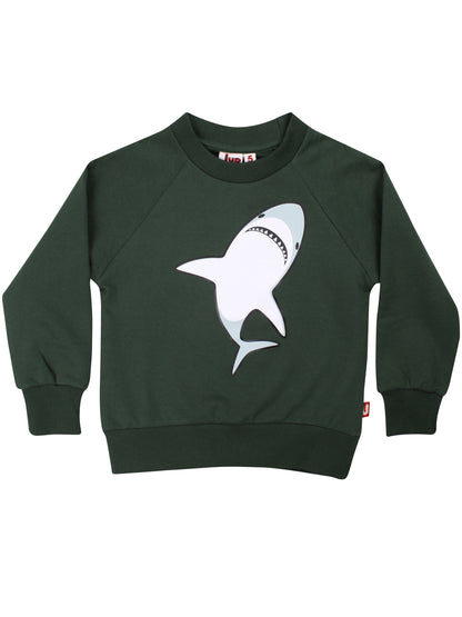 Skøn mørkegrøn sweatshirt til børn med sejt print af haj