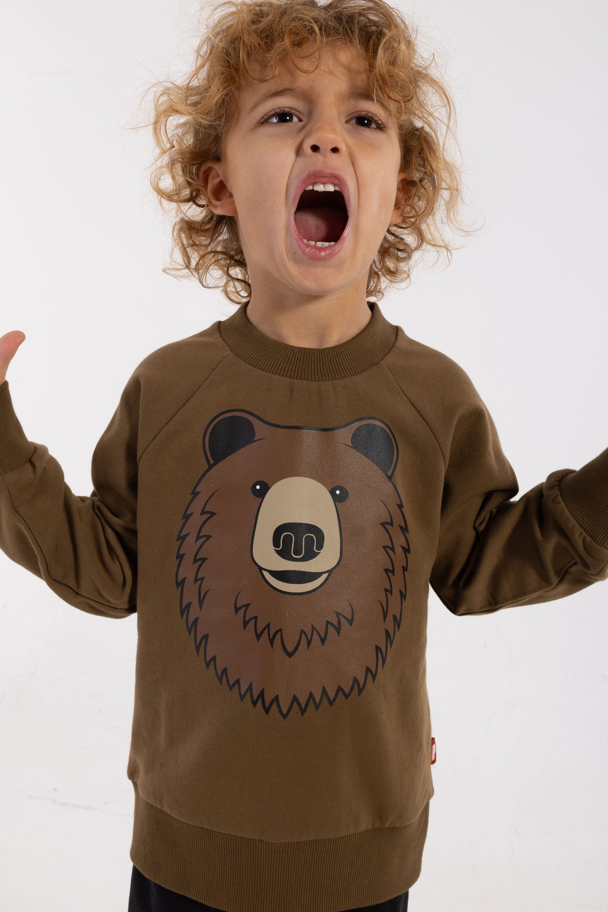 Skøn olivengrøn sweatshirt til børn med print af brun bjørn