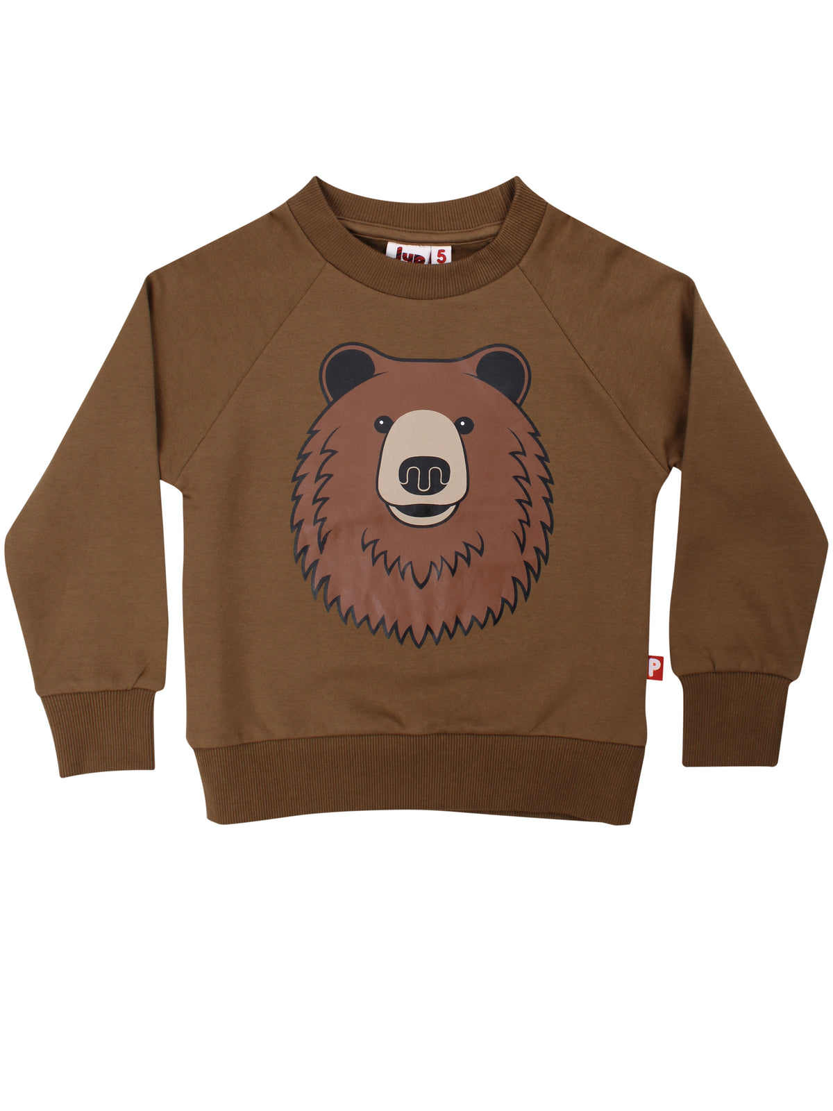 Skøn olivengrøn sweatshirt til børn med print af brun bjørn