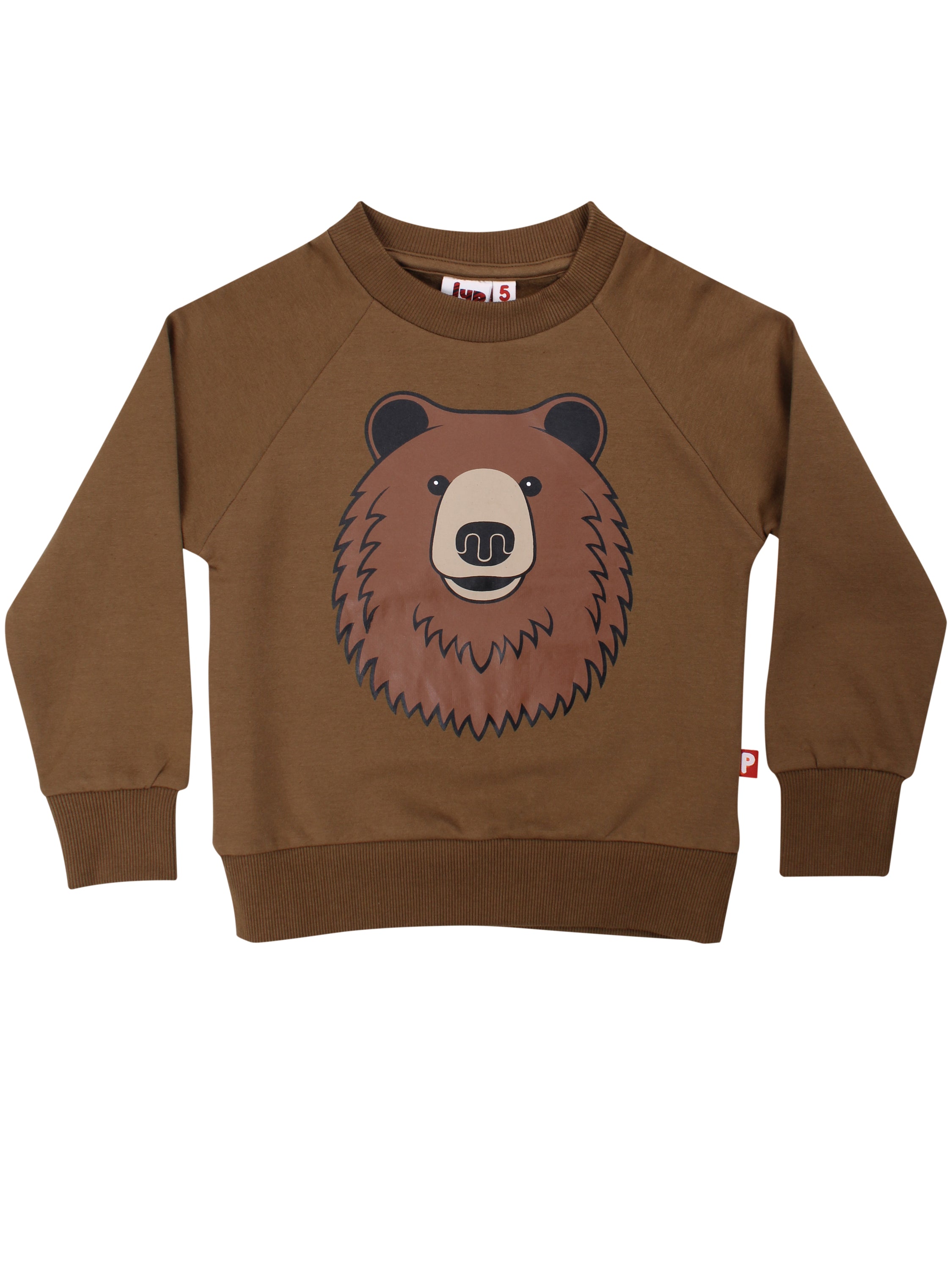 Skøn olivengrøn sweatshirt til børn med print af brun bjørn